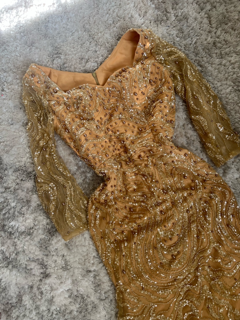 Embellished Gold-Beaded Evening Dress